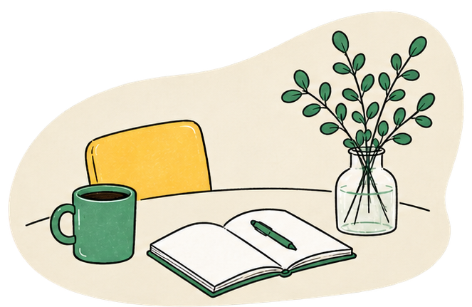 ノートとコーヒー、植物のイラスト