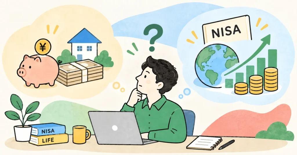 40代会社員が貯金をいくら残してNISAに投資するか考えるイメージイラスト